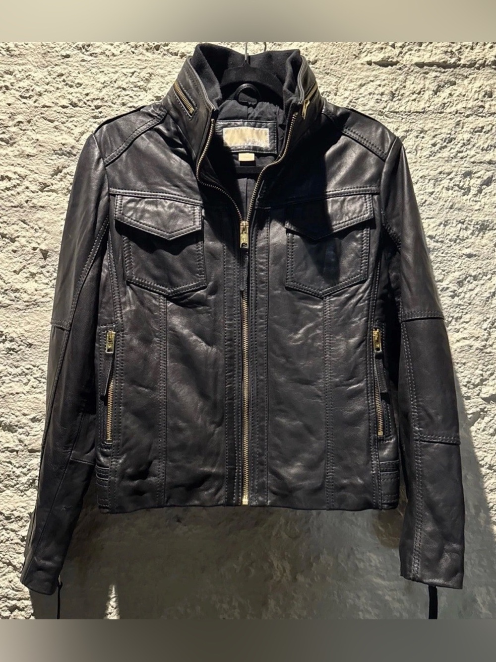 Michael Kors Womenโs Black Leather Moto Jacket with Gold tone Hardware Size PL